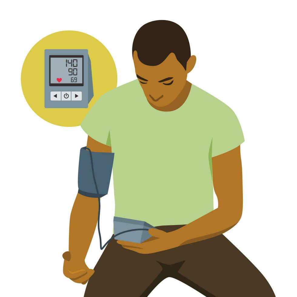 Young man taking his blood pressure at home. Healthy lifestyle. vector