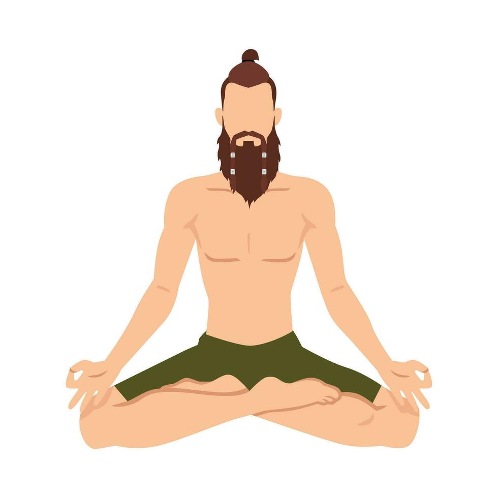 A man sits in a lotus position, does yoga, isolated on a white background. Hipster meditates vector