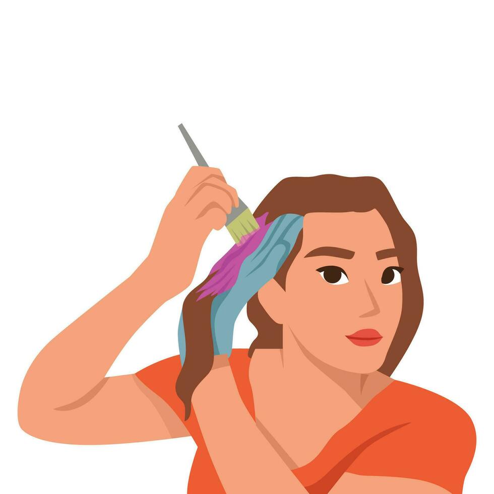 Smiling woman dying hair at home. Happy female do beauty procedures brush paint hair by herself. vector