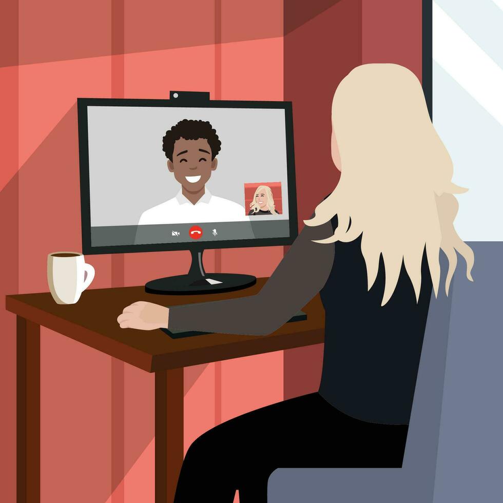 Woman video calling her friend online with her computer at home, relationships and communication concept. vector