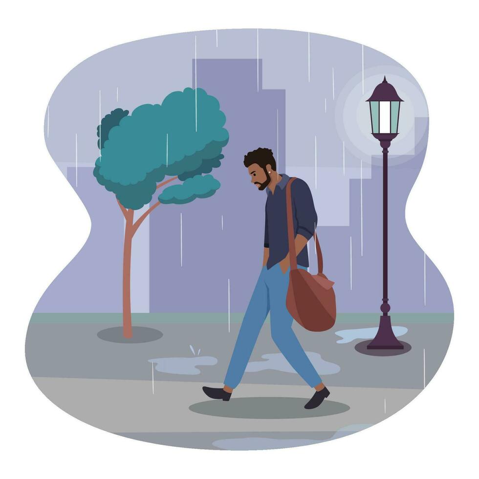 Unhappy depressed sad man in stress with negative emotion problem walking under rain cloud. Loneliness guy. Alone loser male person depression. vector