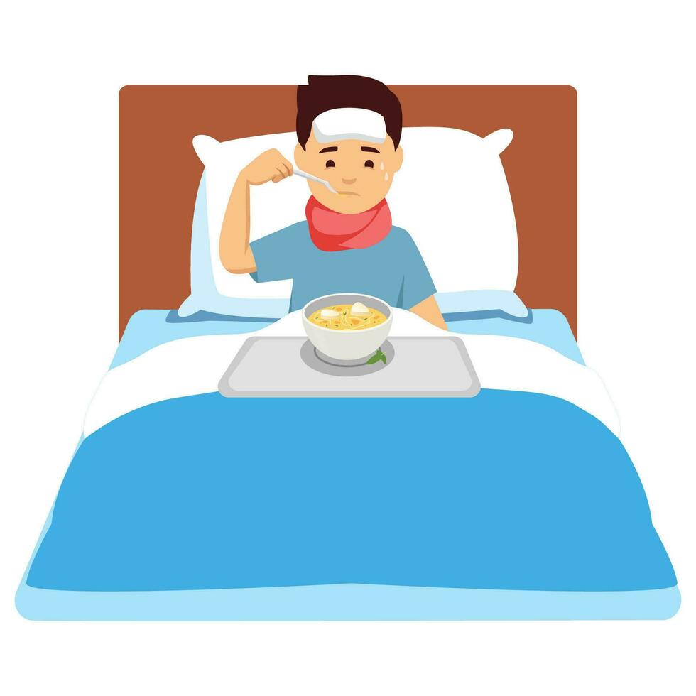 ilustración de un enfermo niño chico comiendo un cuenco de comida en cama. vector