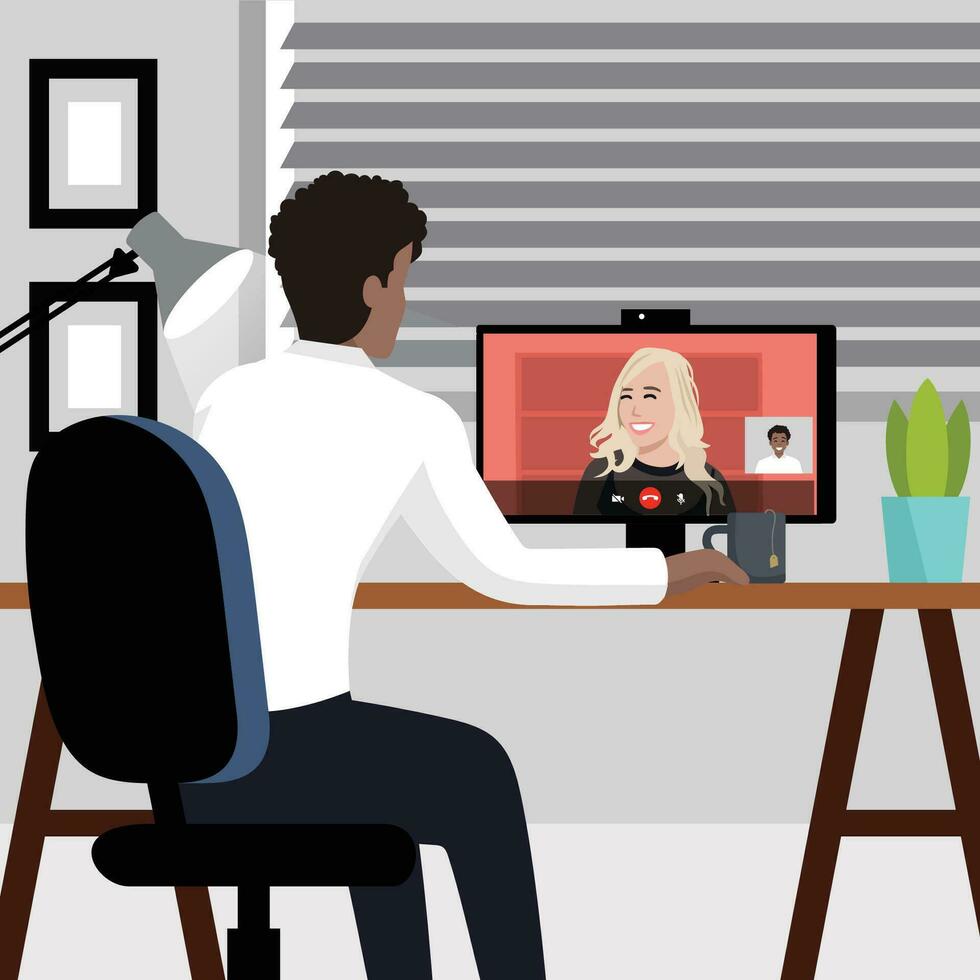 Woman video calling her friend online with her computer at home, relationships and communication concept. vector