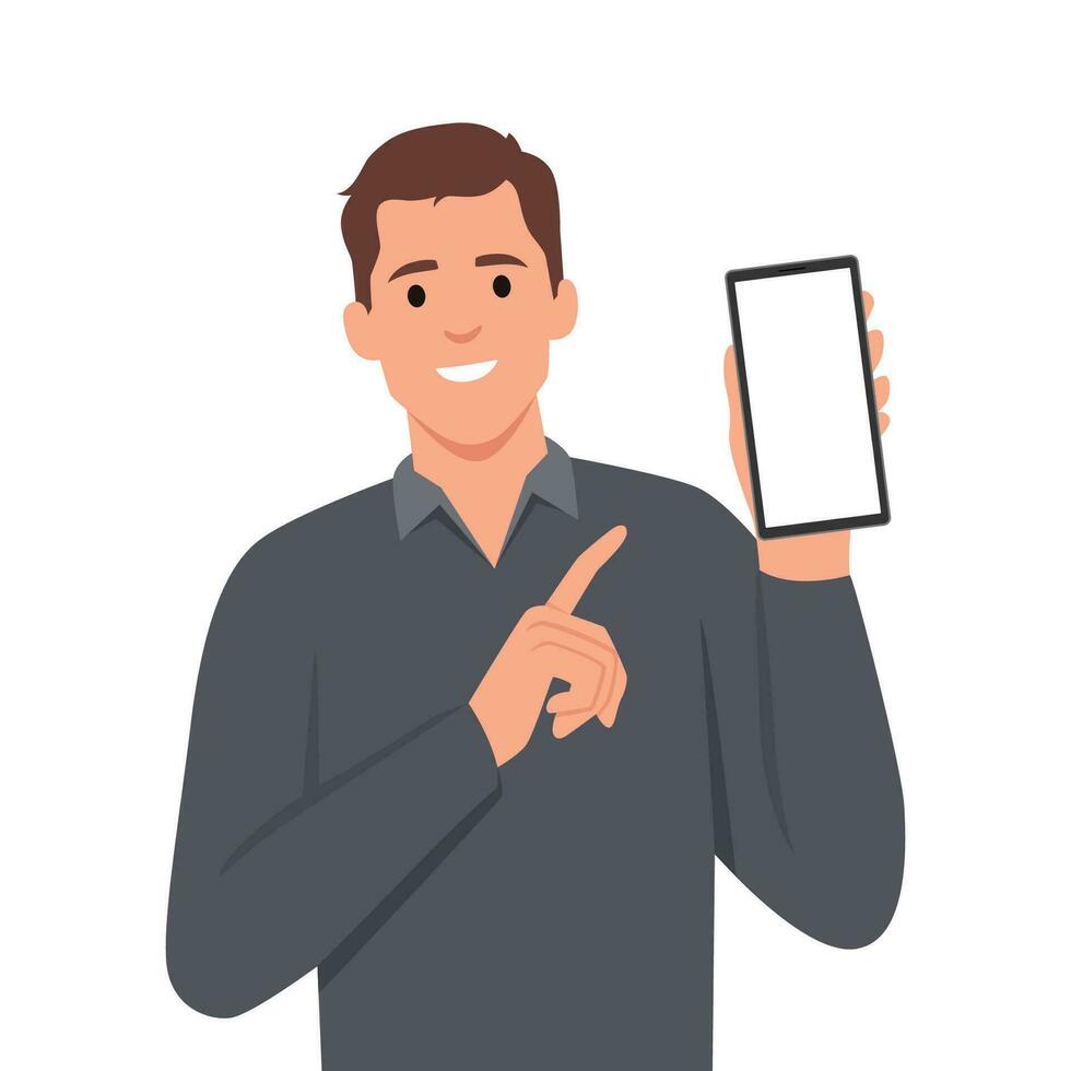 Stylish young businessman in vest suit showing blank mobile, cell phone and pointing finger. Trendy person holding smartphone screen. vector