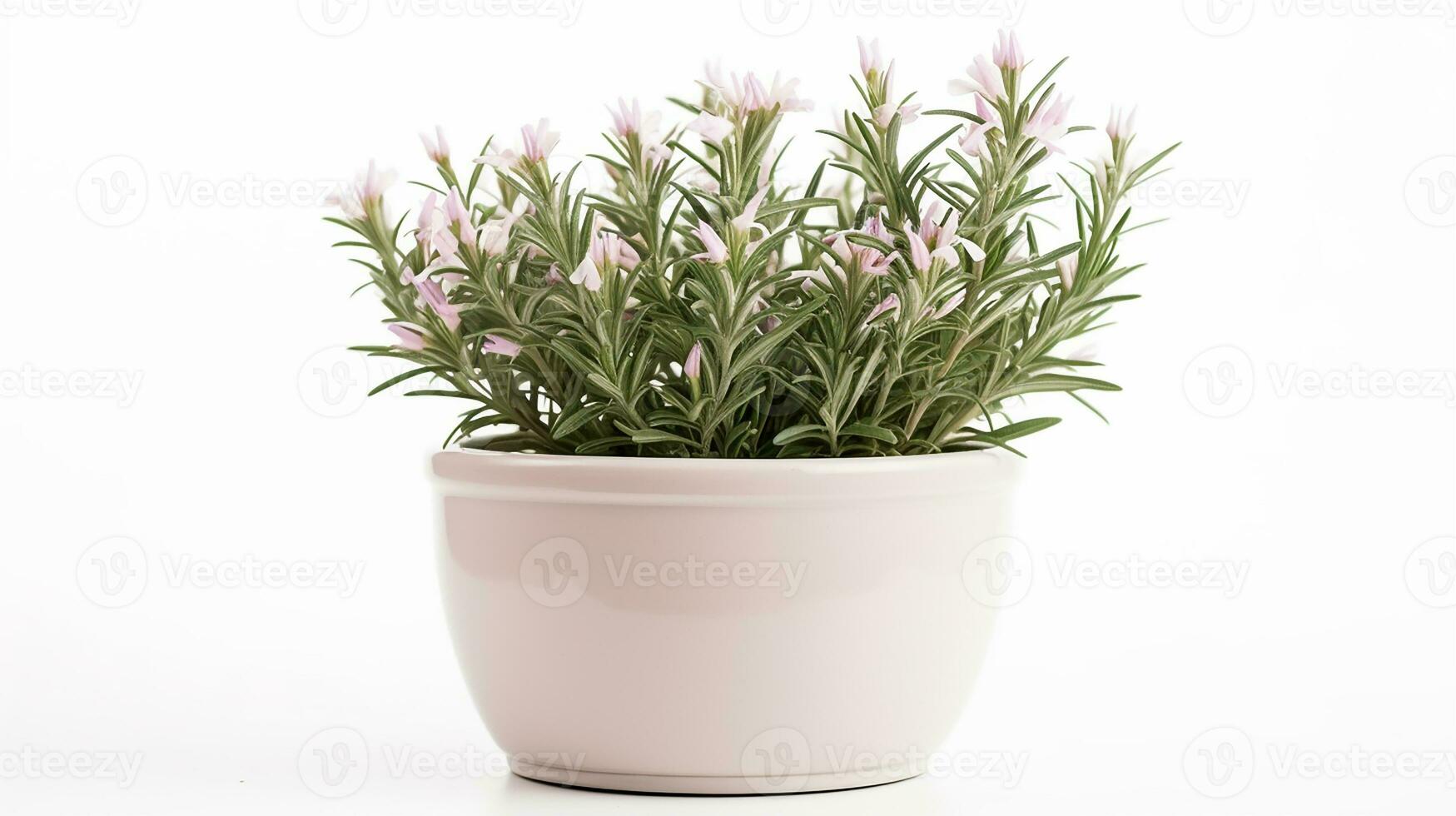 Photo of Rosemary flower in pot isolated on white background. Generative AI