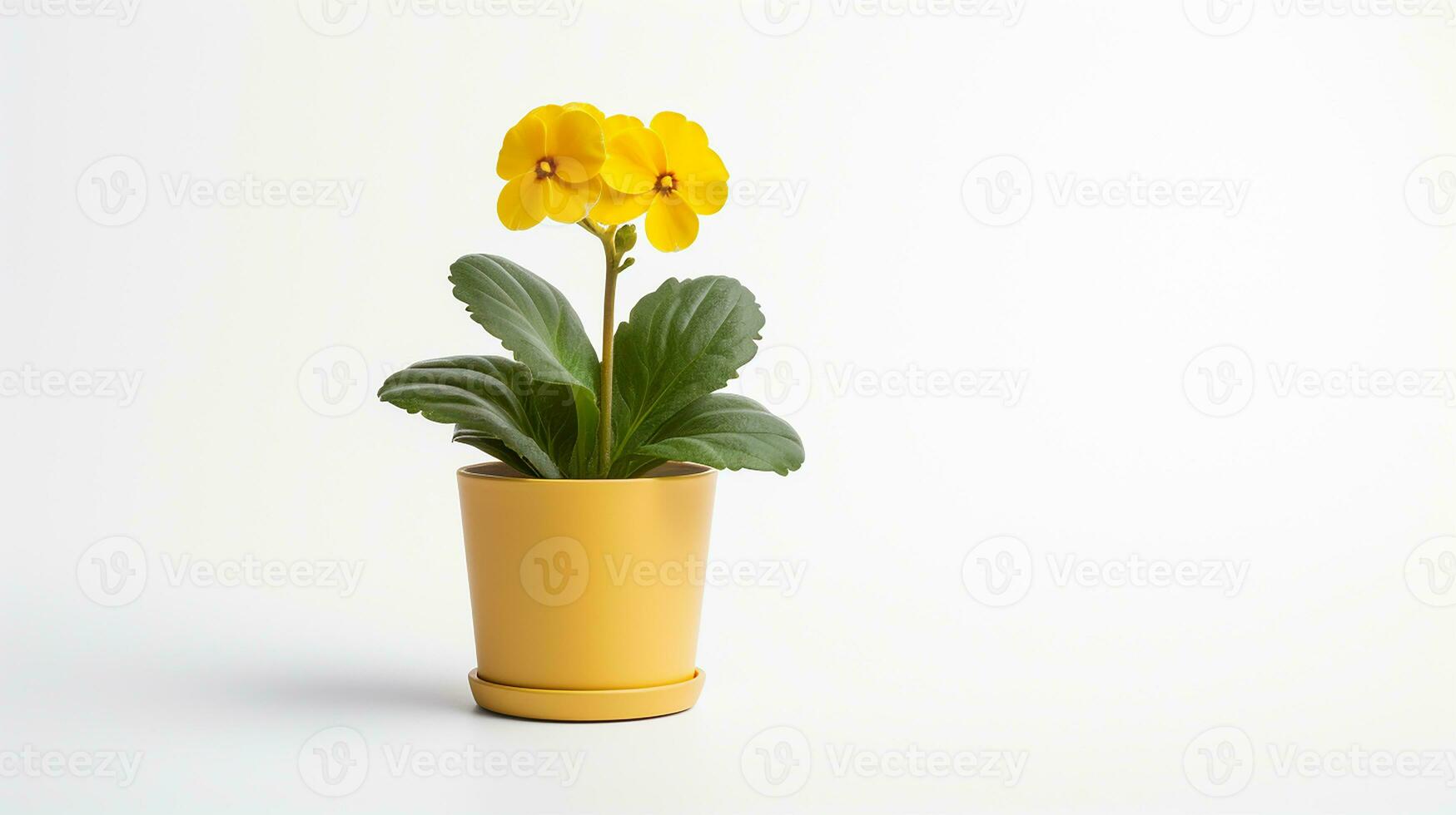 Photo of Primrose flower in pot isolated on white background. Generative AI