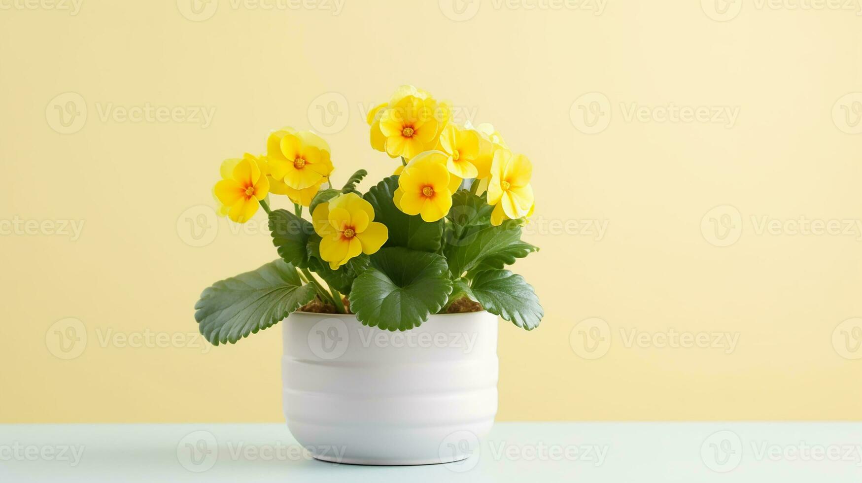 Photo of Primrose flower in pot isolated on white background. Generative AI