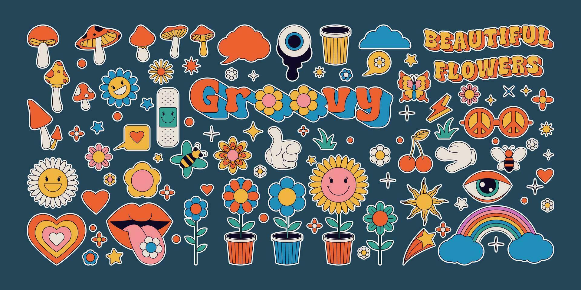 Collection of Cartoon groovy stickers 70s vector