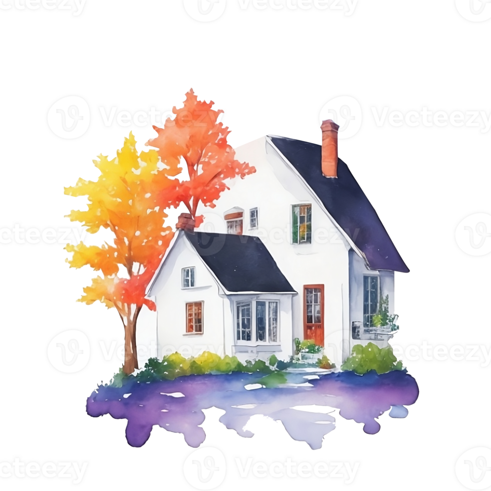 Watercolor English country house with 4 seasons png