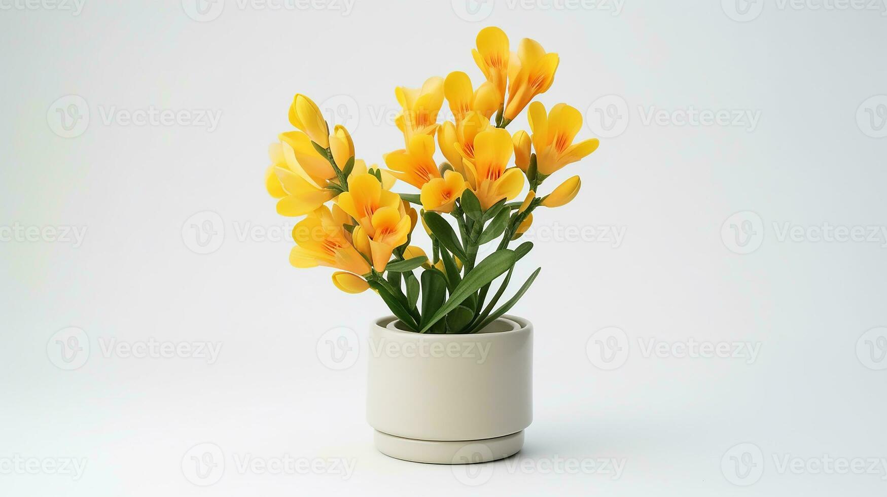 Photo of Freesia flower in pot isolated on white background. Generative AI