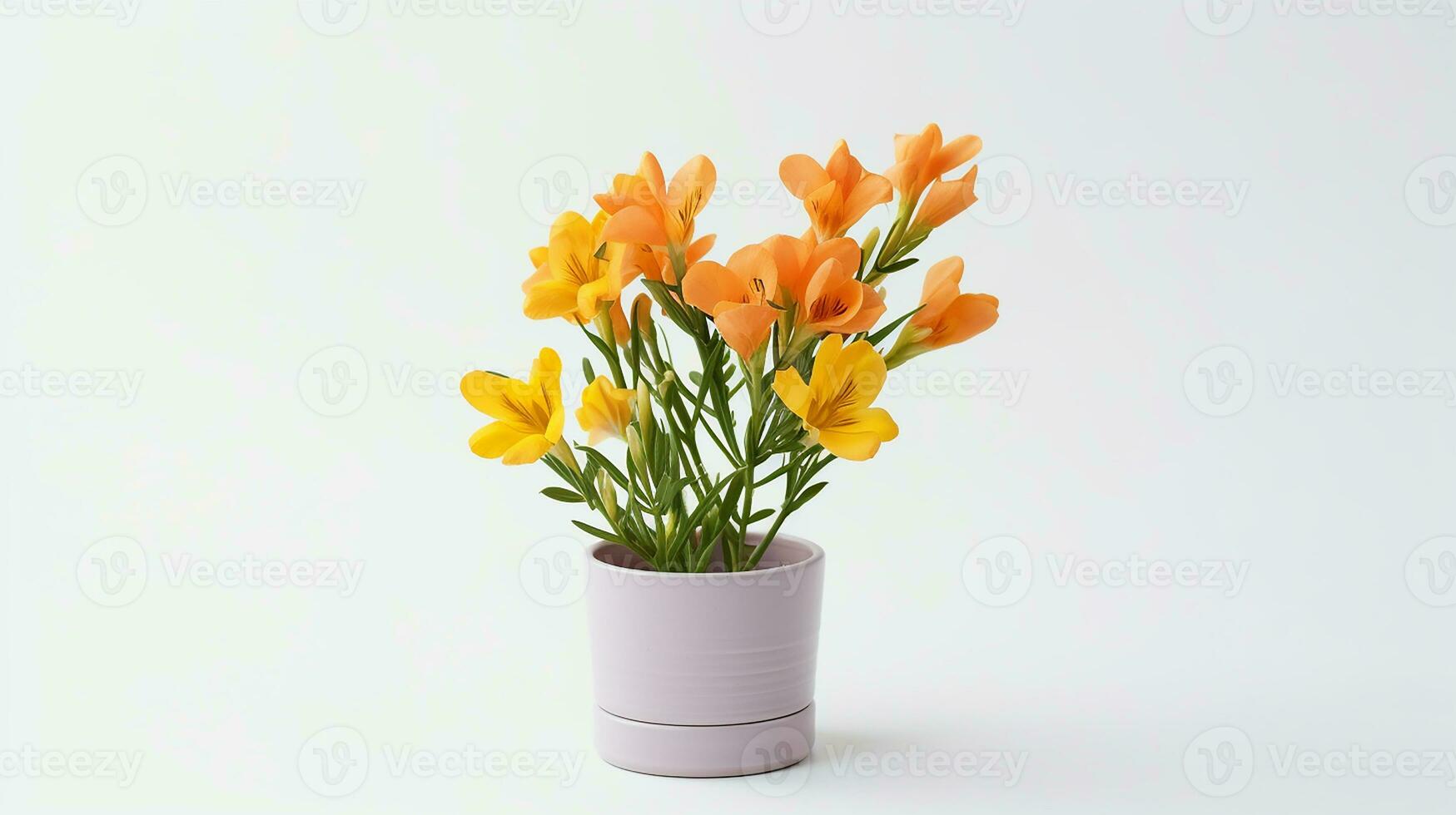 Photo of Freesia flower in pot isolated on white background. Generative AI