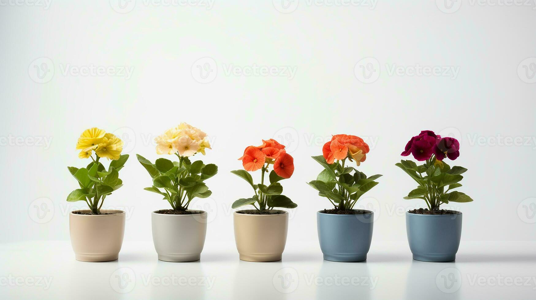 Photo of Four  flower in pot isolated on white background. Generative AI