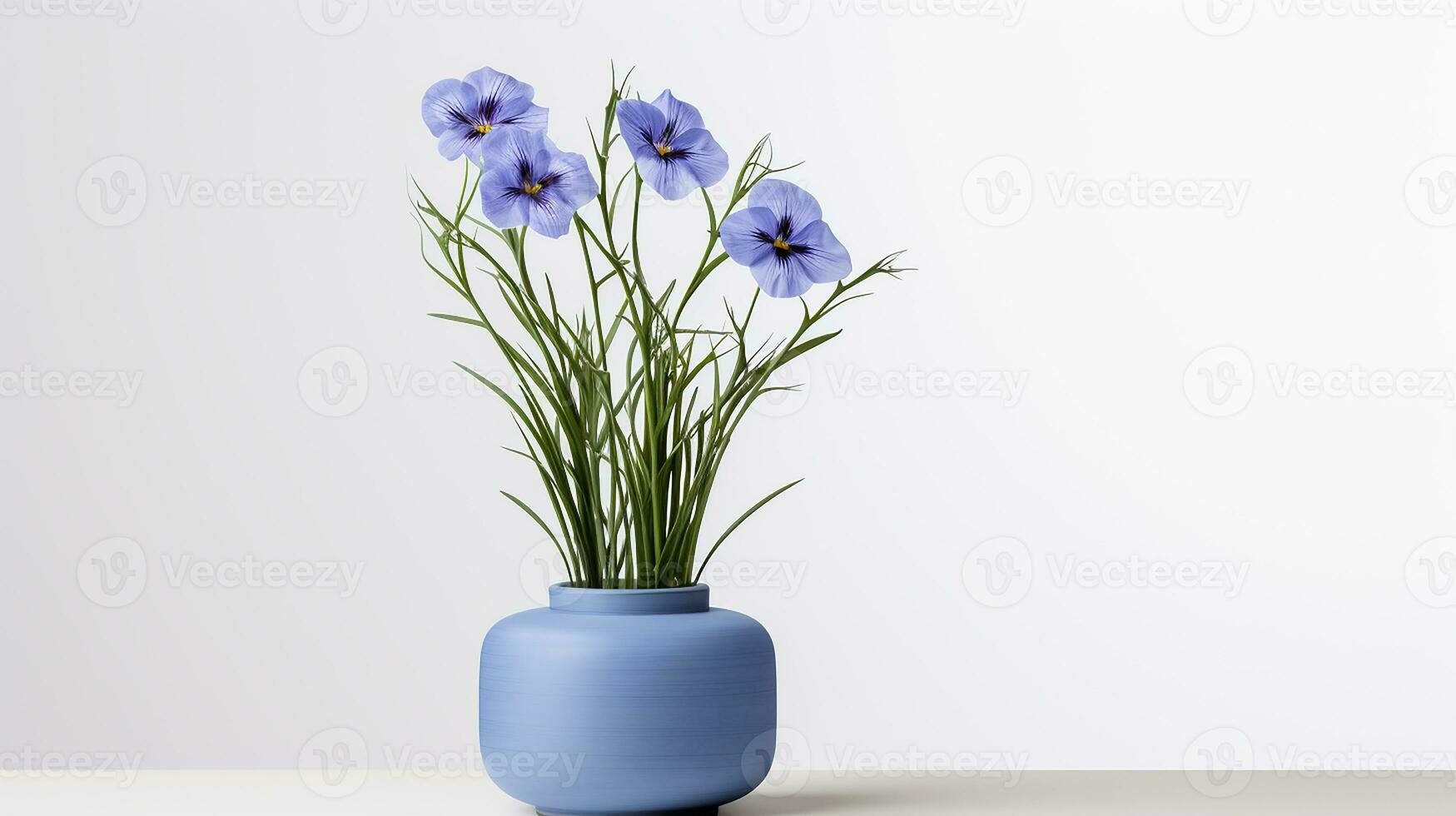 Photo of Flax flower in pot isolated on white background. Generative AI