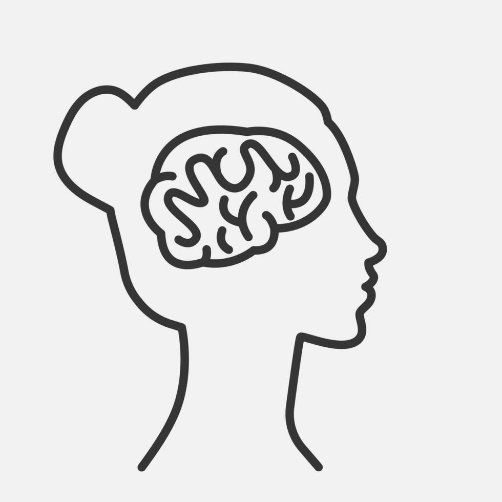 Femal head with brain. Countour icon. Thinking woman, knowledge, learning concept. Girl doubts, problems, thoughts, emotions. Vector illustration