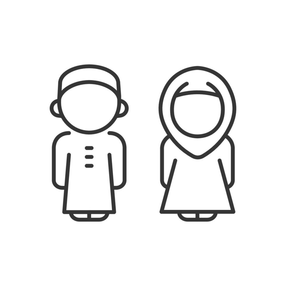 Saudi children line icon. Arabic kids in traditional dress. Middle East boy and girl silhouette. Muslim young people. Vector illustration on white background