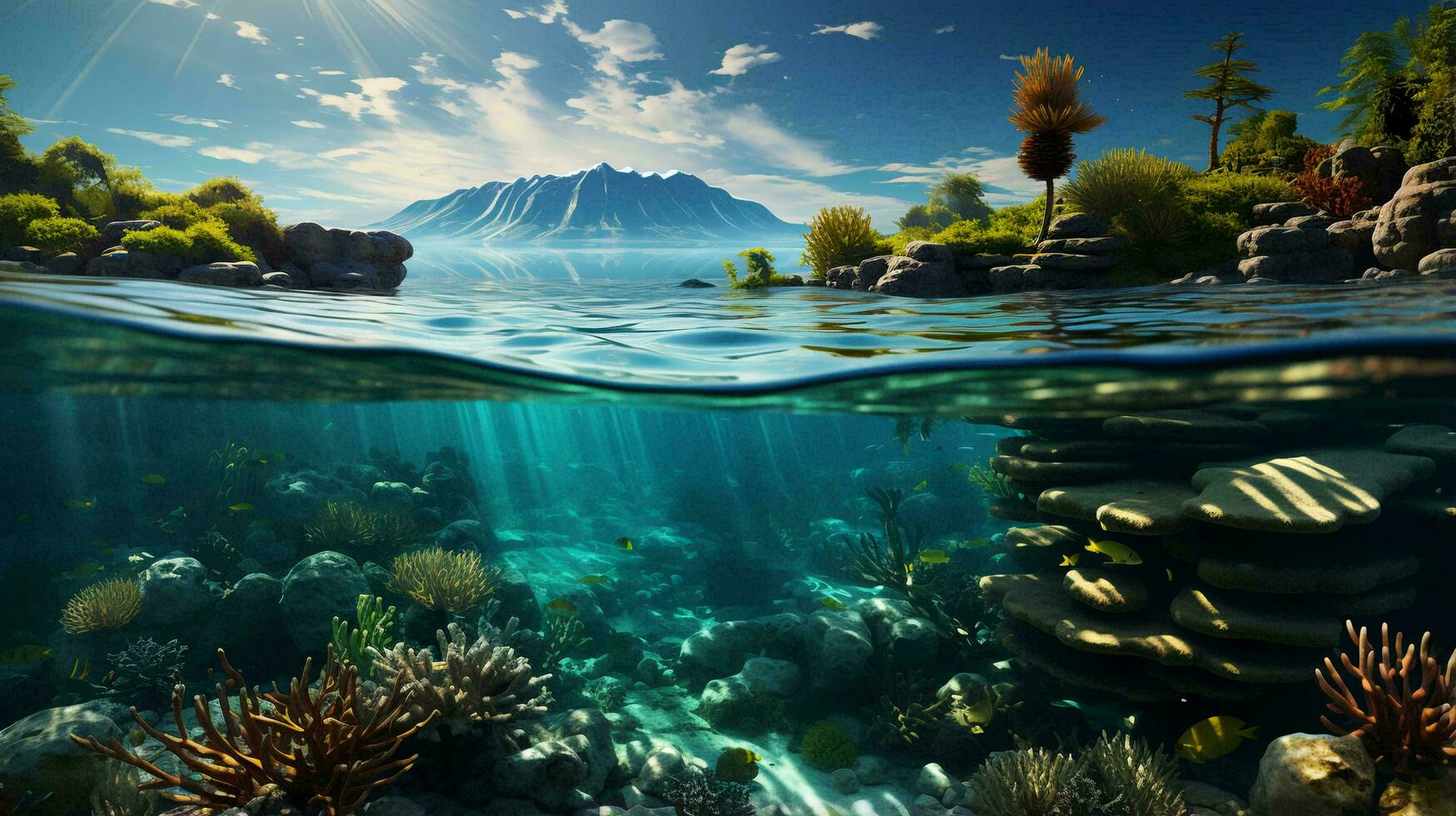 Underwater view of tropical paradise fish and corals. The concept of diving and vacation in nature. AI generated photo