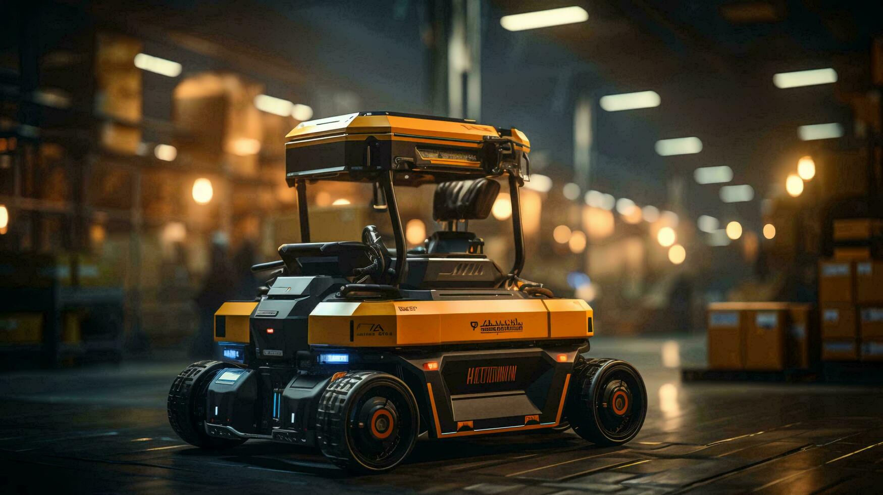 Automated robot deliverer of goods in a warehouse logistics center for the delivery and storage of goods. AI generated photo