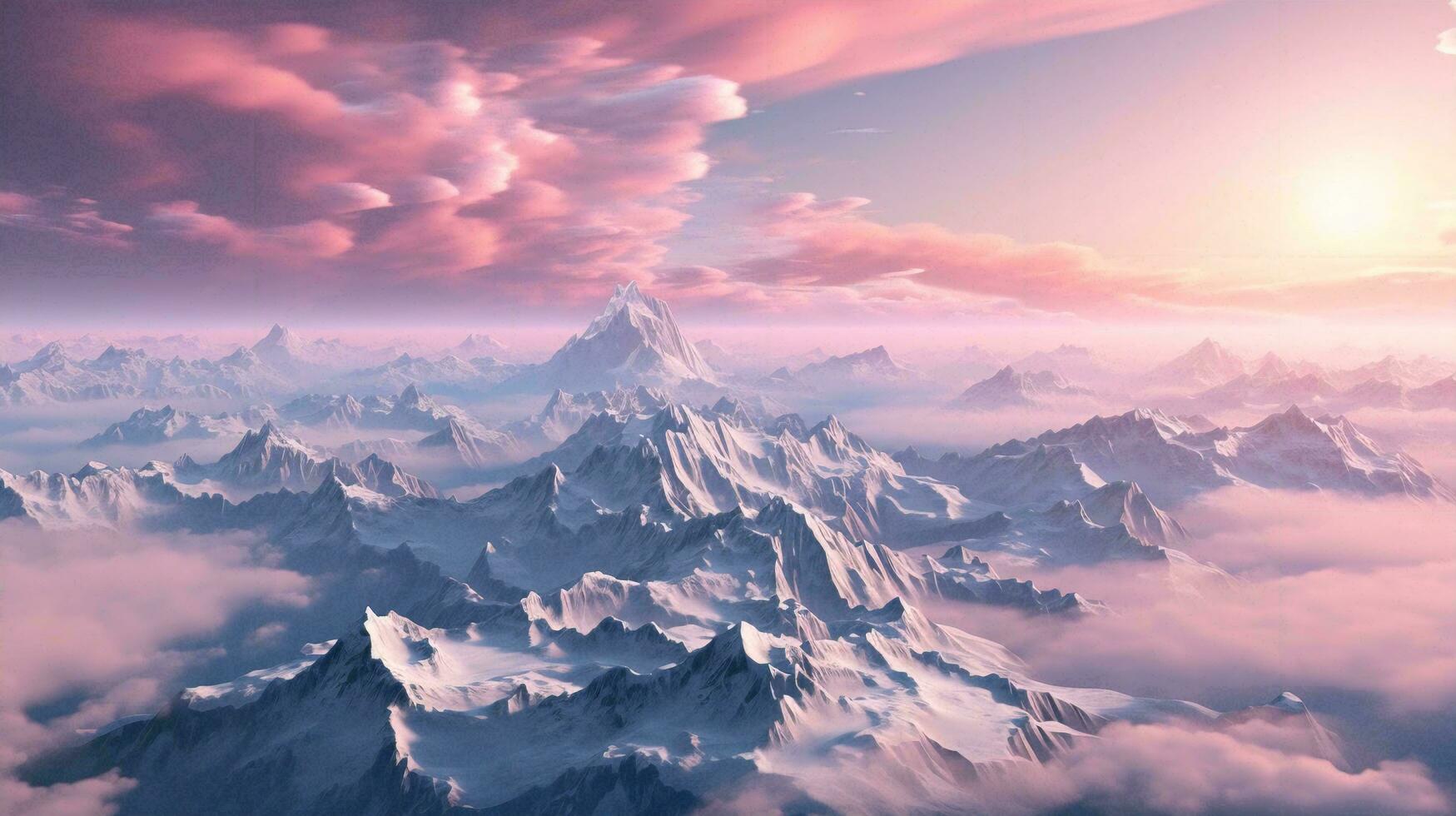 Top view of high mountains with snow caps on the peaks in nature against a pink beautiful sky, view from a drone. AI generated photo