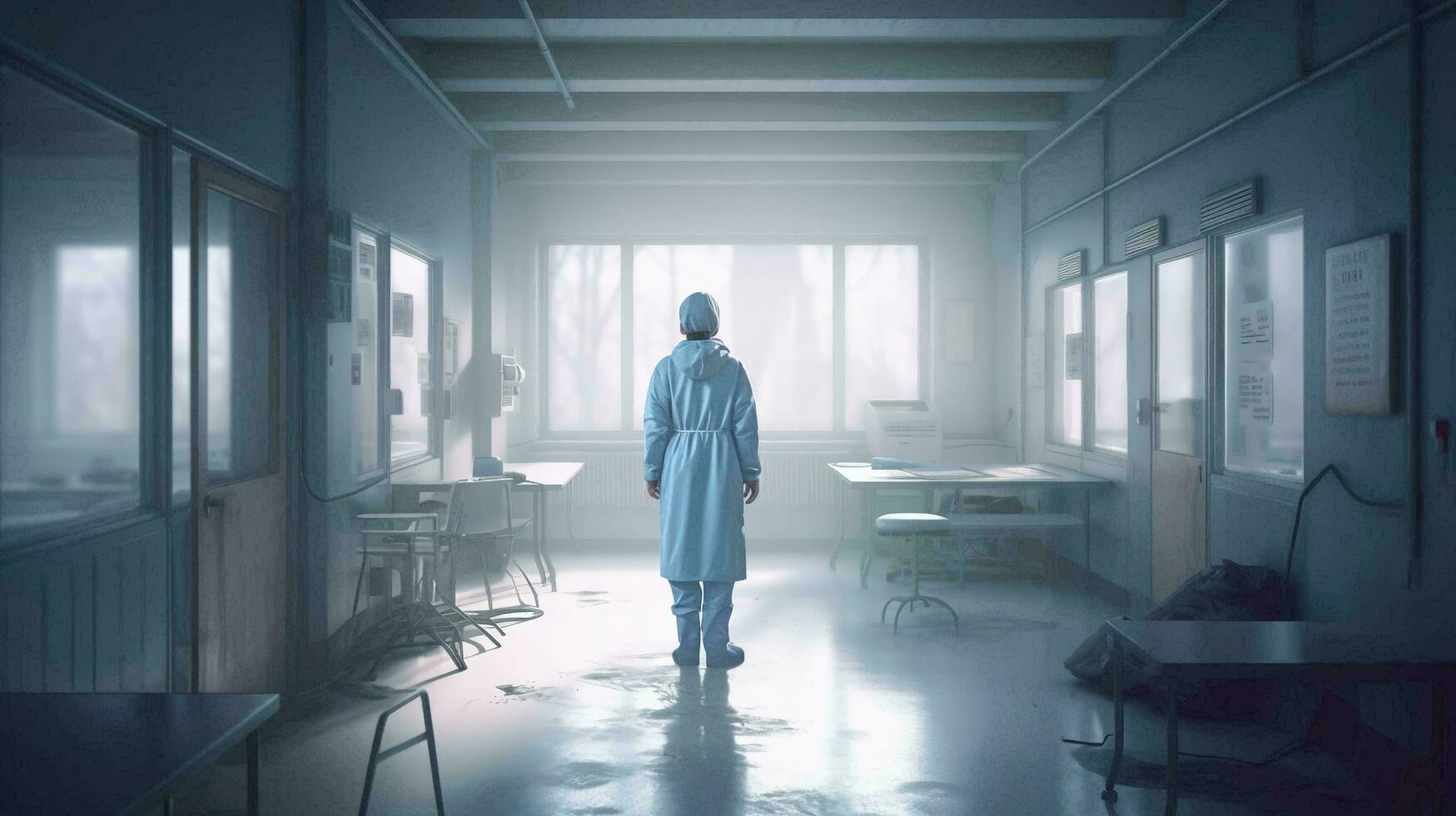 Doctor medical worker stands in the corridor in the hospital medical facility view from the back. AI generated photo