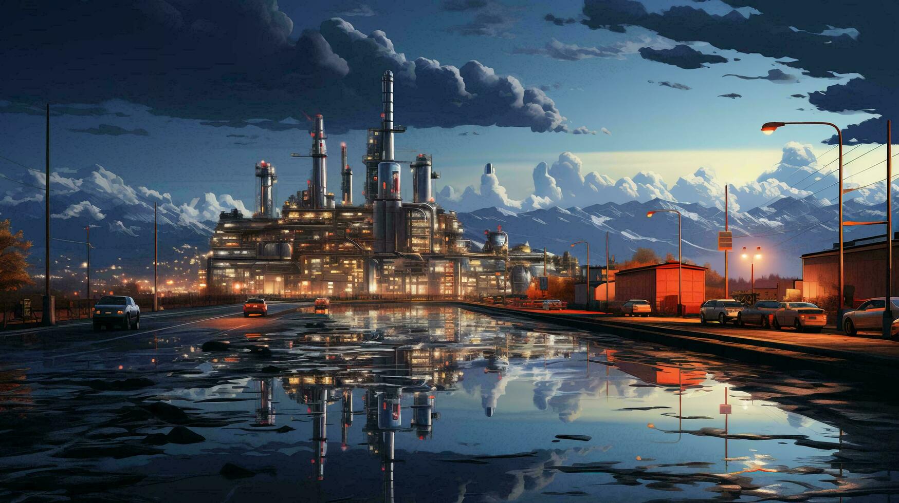 Industrial oil refinery petrochemical chemical plant with equipment and tall pipes at night. AI generated photo