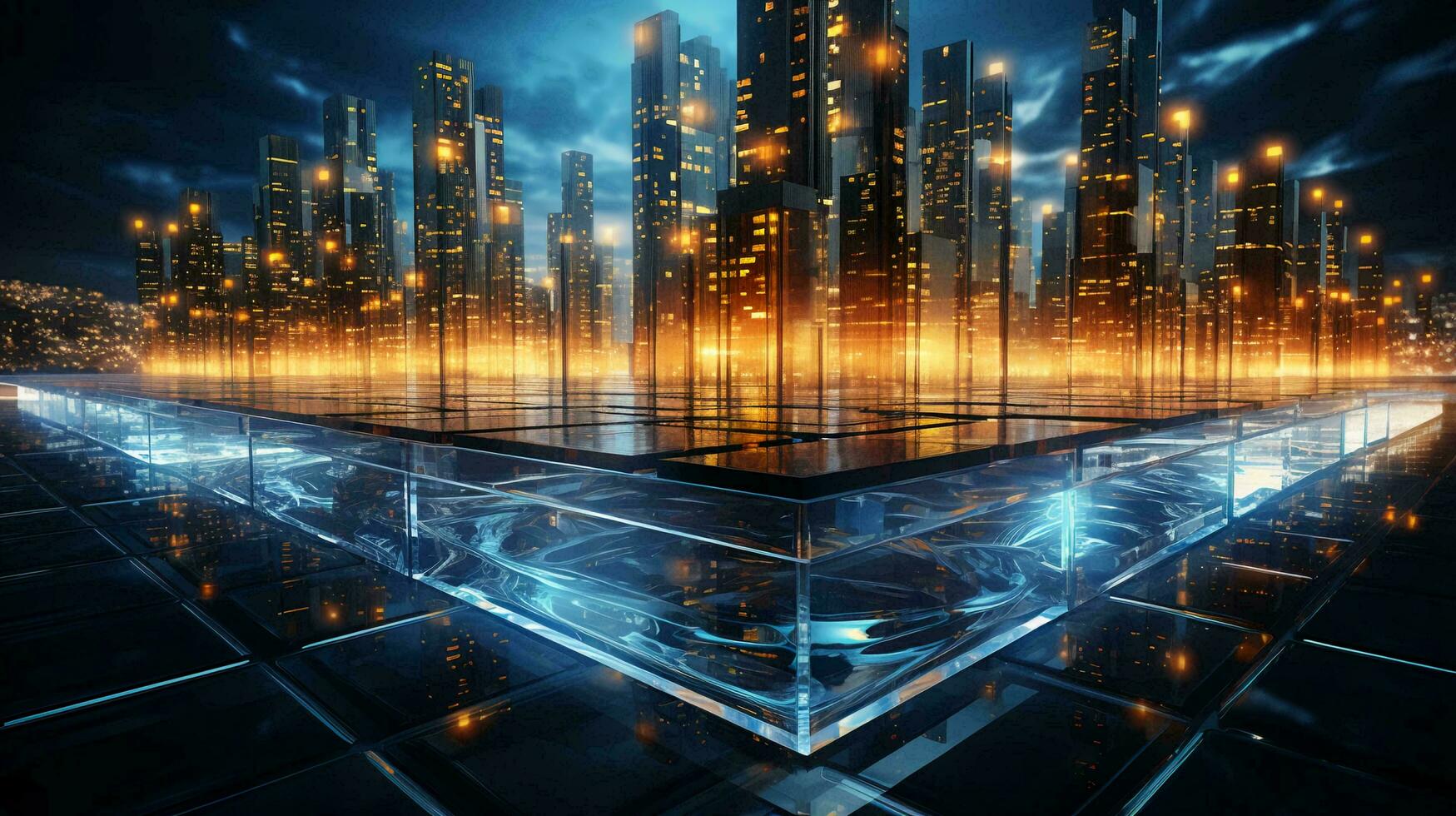 The concept of a Futuristic high-tech big smart city with computer technology microchips and microchips with processors and transistors to control artificial intelligence. AI generated photo