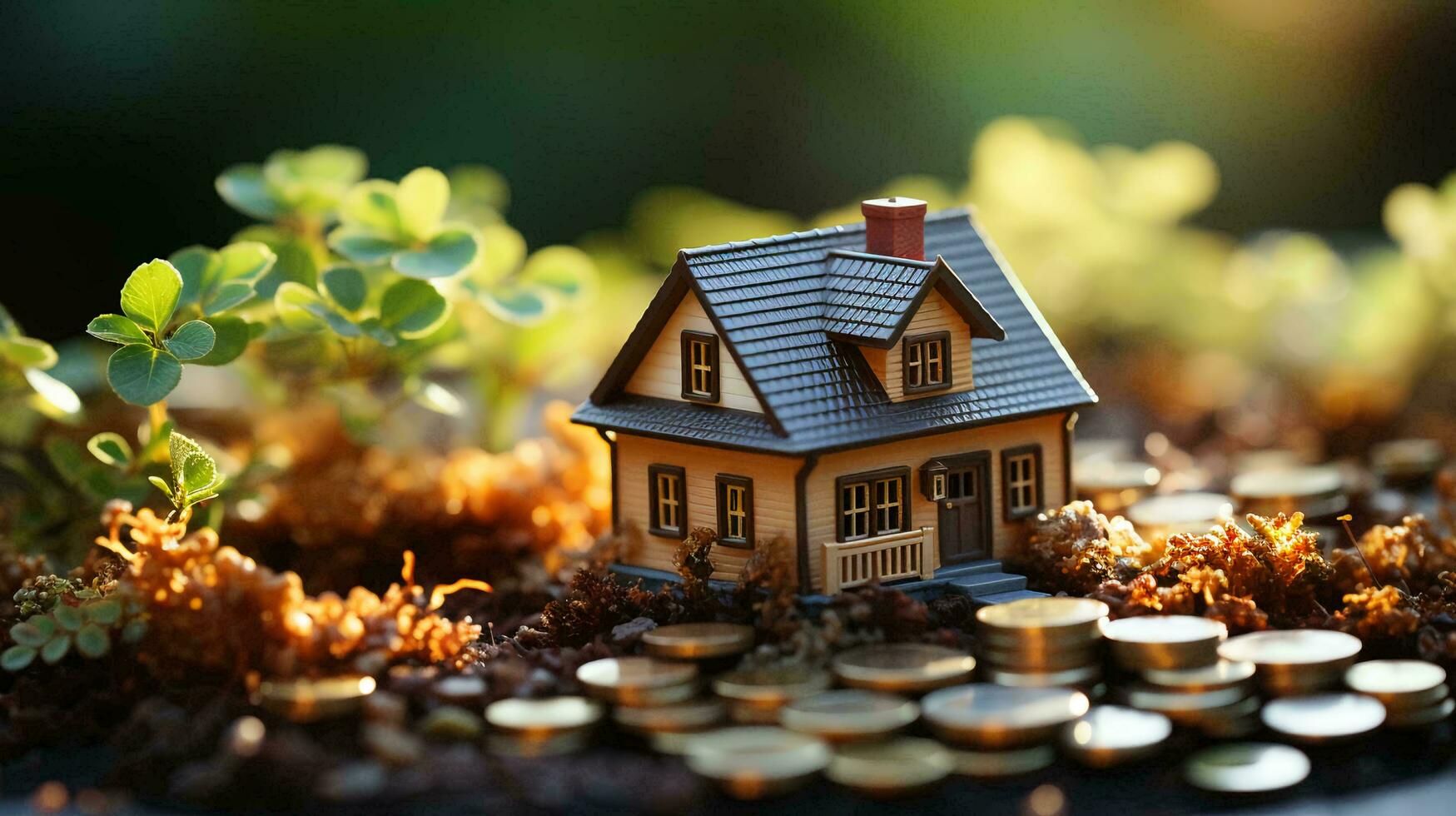 A small model of a toy country house stands on money coins against the backdrop of nature. The concept of real estate outside the city in a mortgage, a loan for housing. AI generated photo