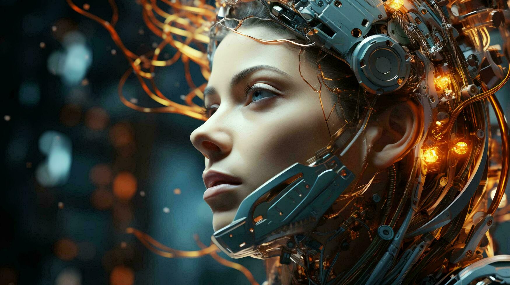 conexión de humano mujer y artificial inteligencia robot. el concepto de fusionando un persona y un computadora con neural redes en el futuro. ai generado foto