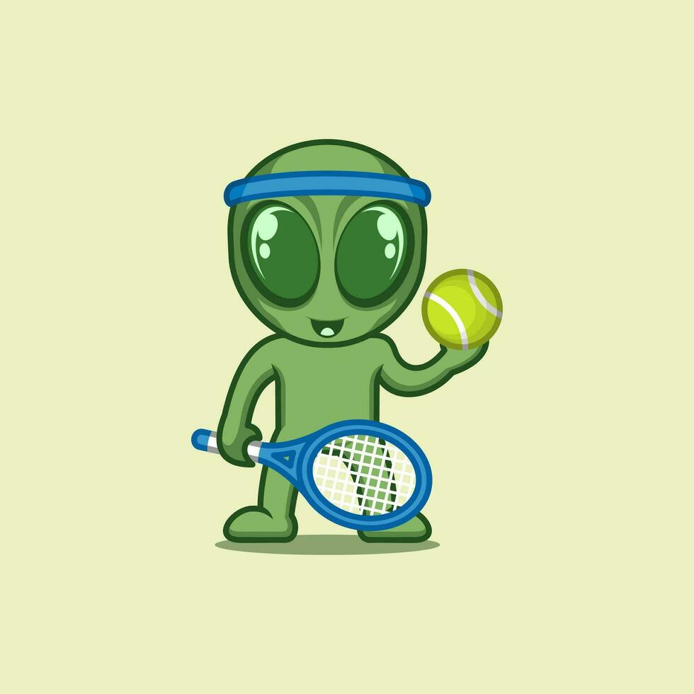 cute cartoon alien playing tennis vector