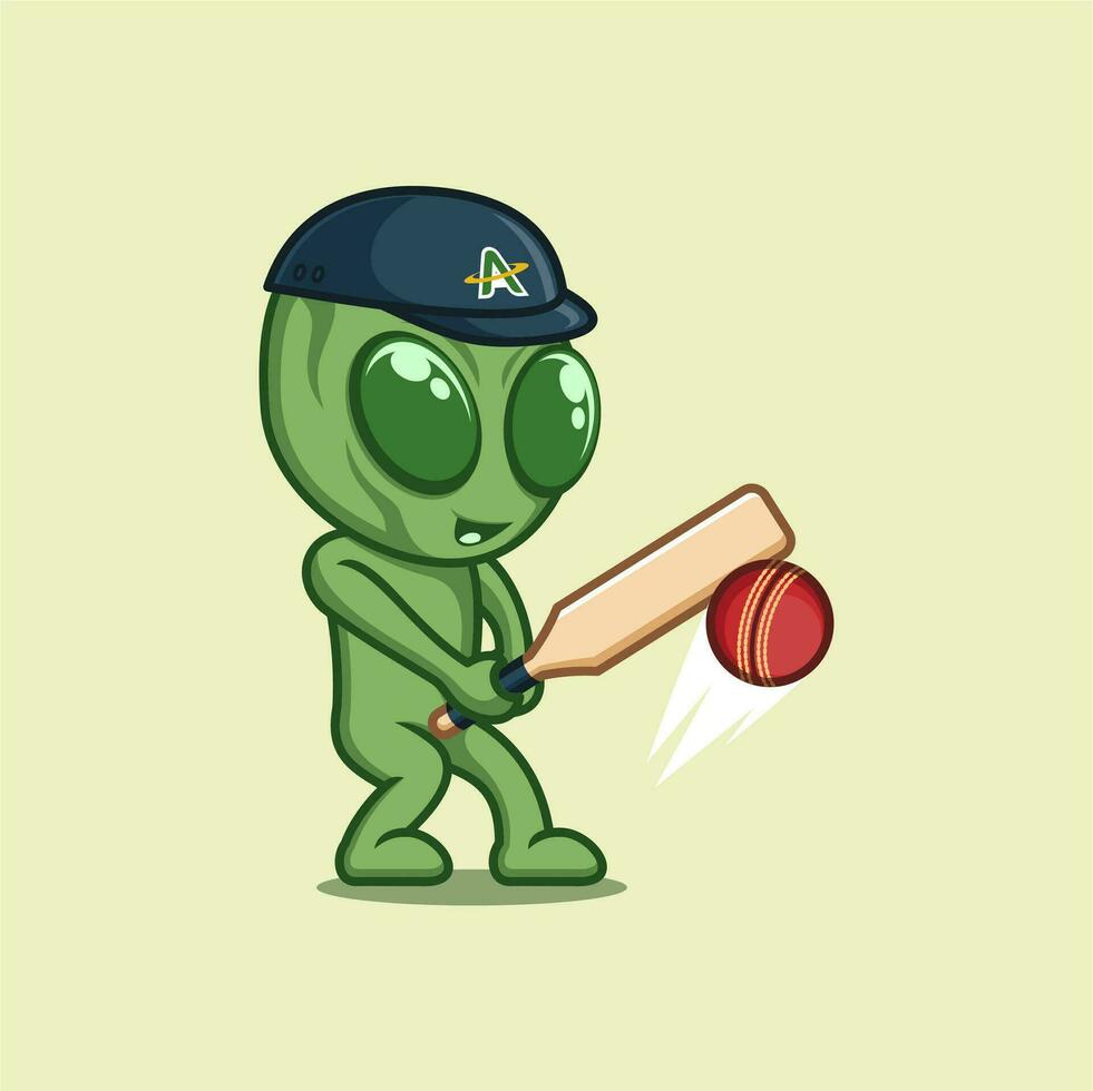 cute cartoon alien playing cricket vector