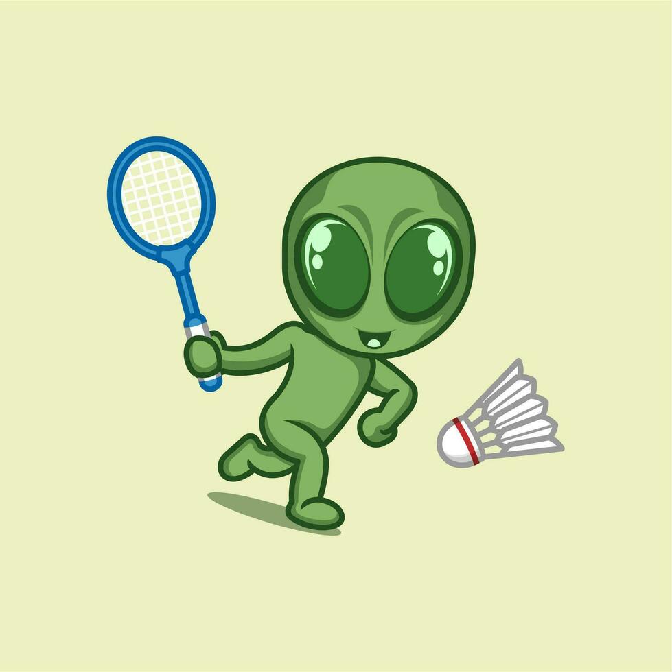 cute cartoon alien playing badminton vector