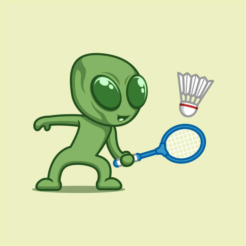 cute cartoon alien playing badminton vector