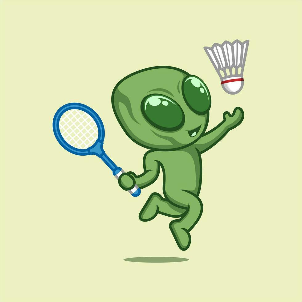 cute cartoon alien playing badminton vector