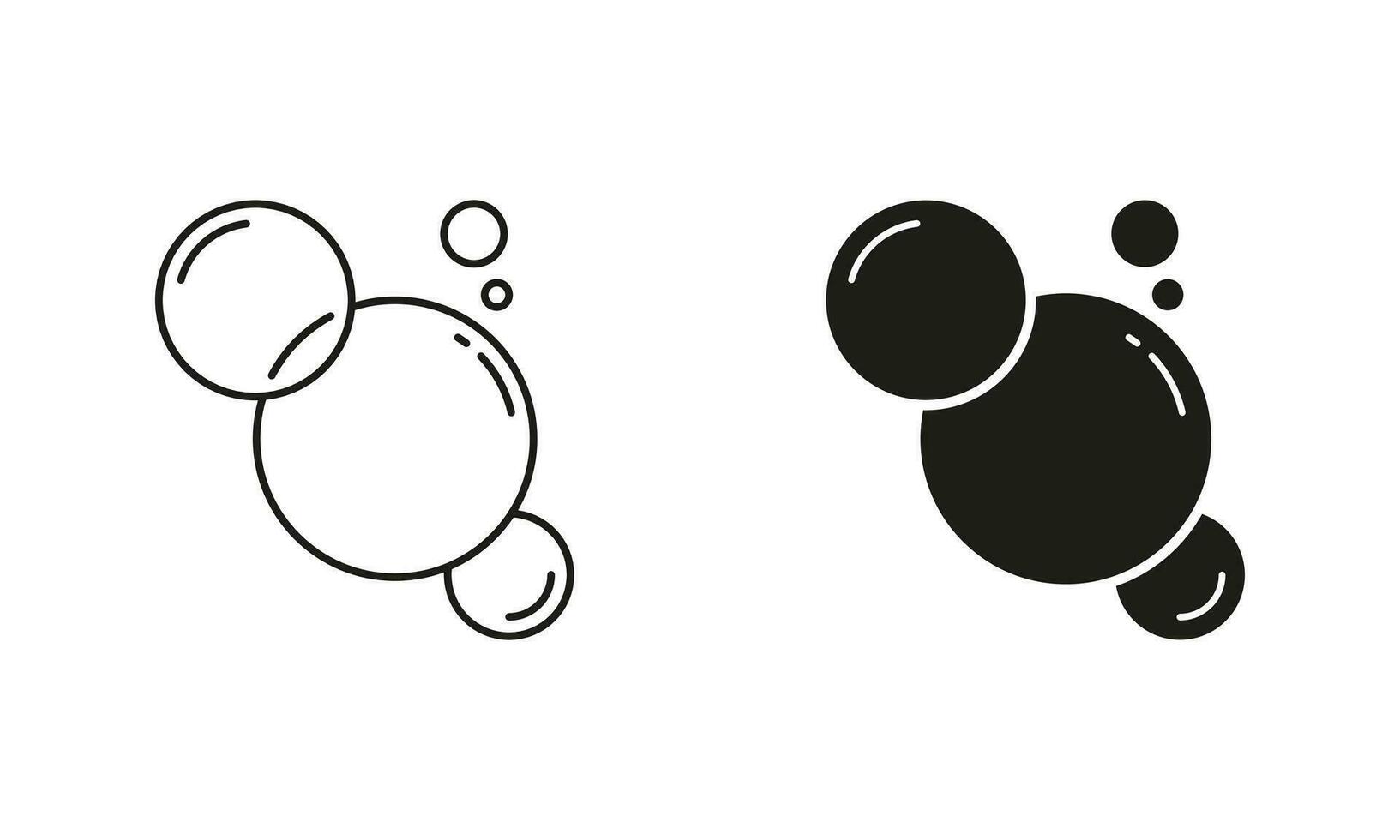 Soap Bubble Line and Silhouette Black Icon Set. Sphere Foam Pictogram, Clean Water. Champagne Drops, Soda Symbol Collection. Underwater Ball. Air Oxygen. Isolated Vector Illustration.