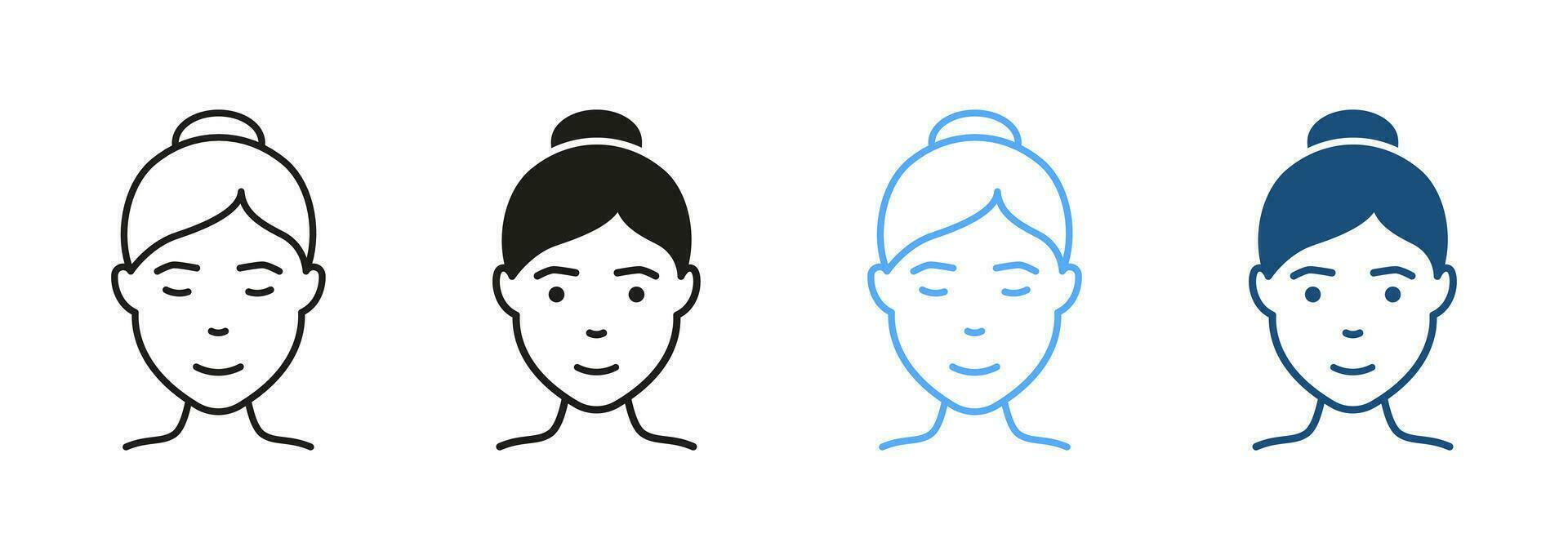 mujer, dama línea y silueta icono colocar. niña con belleza cara y peinado pictograma. hembra avatar para usuario perfil negro y color símbolo recopilación. aislado vector ilustración.
