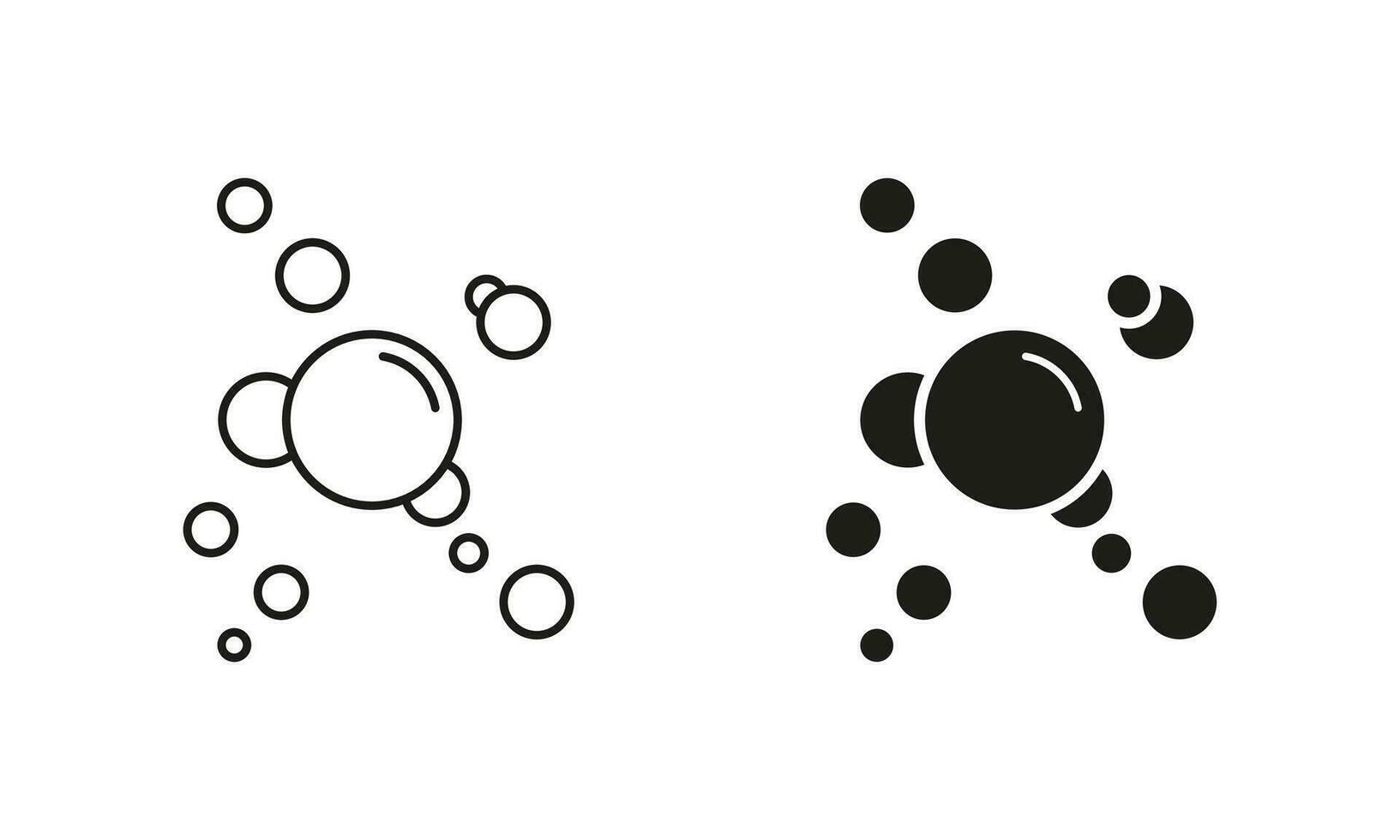 Bubble Soap, Champagne Drops Line and Silhouette Black Icon Set. Soda Symbol Collection. Underwater Ball. Sphere Foam Pictogram, Clean Water. Air Oxygen. Isolated Vector Illustration.