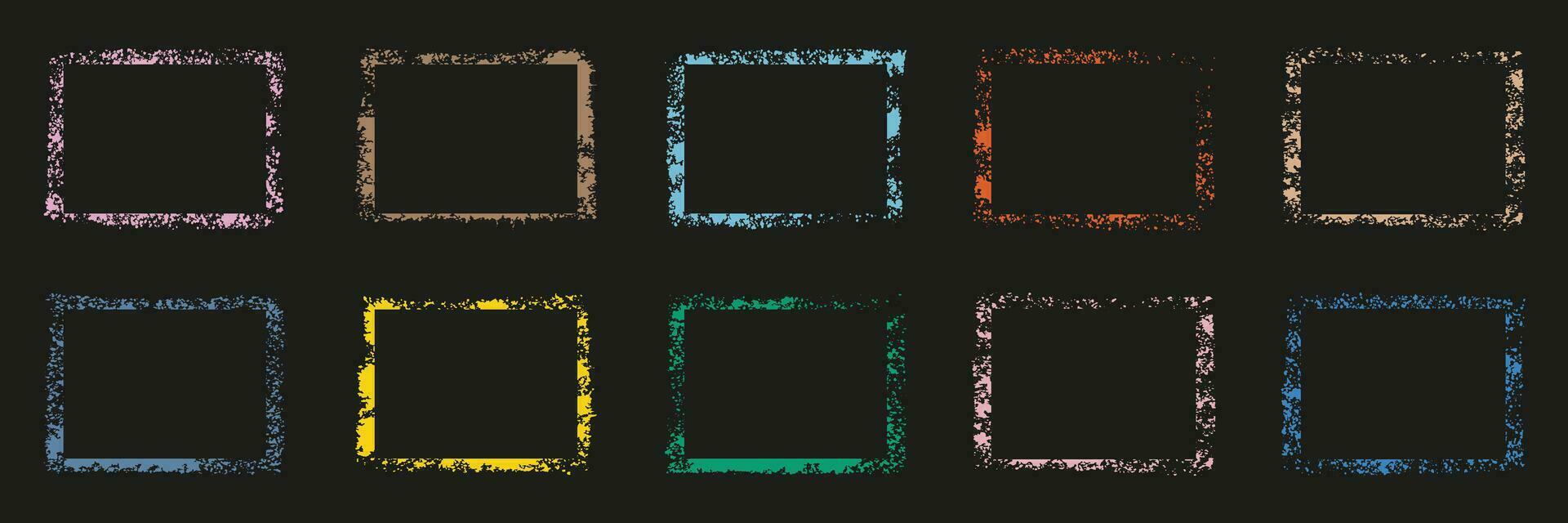 Rough Texture Color Frame Set. Grunge Border Collection on Black Background. Blank Retro Frame. Rectangle Paint Spray. Abstract Design. Edge with Splash Effect. Isolated Vector Illustration.
