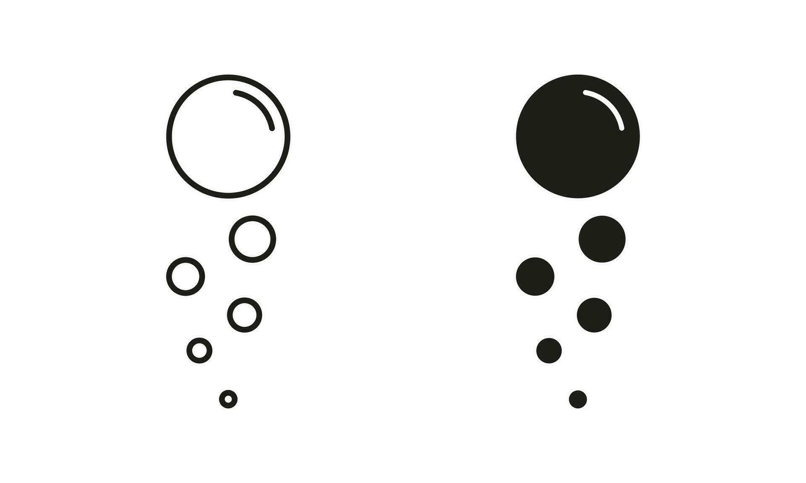 espuma, aire oxígeno línea y silueta negro icono colocar. esfera burbuja jabón, champán gotas pictograma. submarino pelota. limpiar agua. soda símbolo recopilación. aislado vector ilustración.