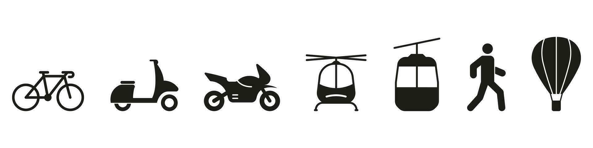 scooter, cable auto, helicóptero, motocicleta, bicicleta, ciclomotor silueta icono colocar. transporte pictograma. tráfico sólido signo. entrega Servicio vehículo símbolo recopilación. aislado vector ilustración.