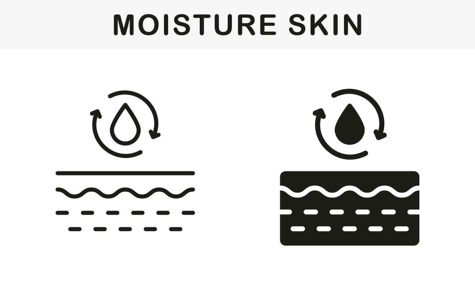 Moisture Skin Line and Silhouette Black Icon Set. Water Drop with Arrow and Skin Layer Pictogram. Skin Absorb Liquid Vitamin, Gel, Serum, Cream Symbol Collection. Isolated Vector Illustration.