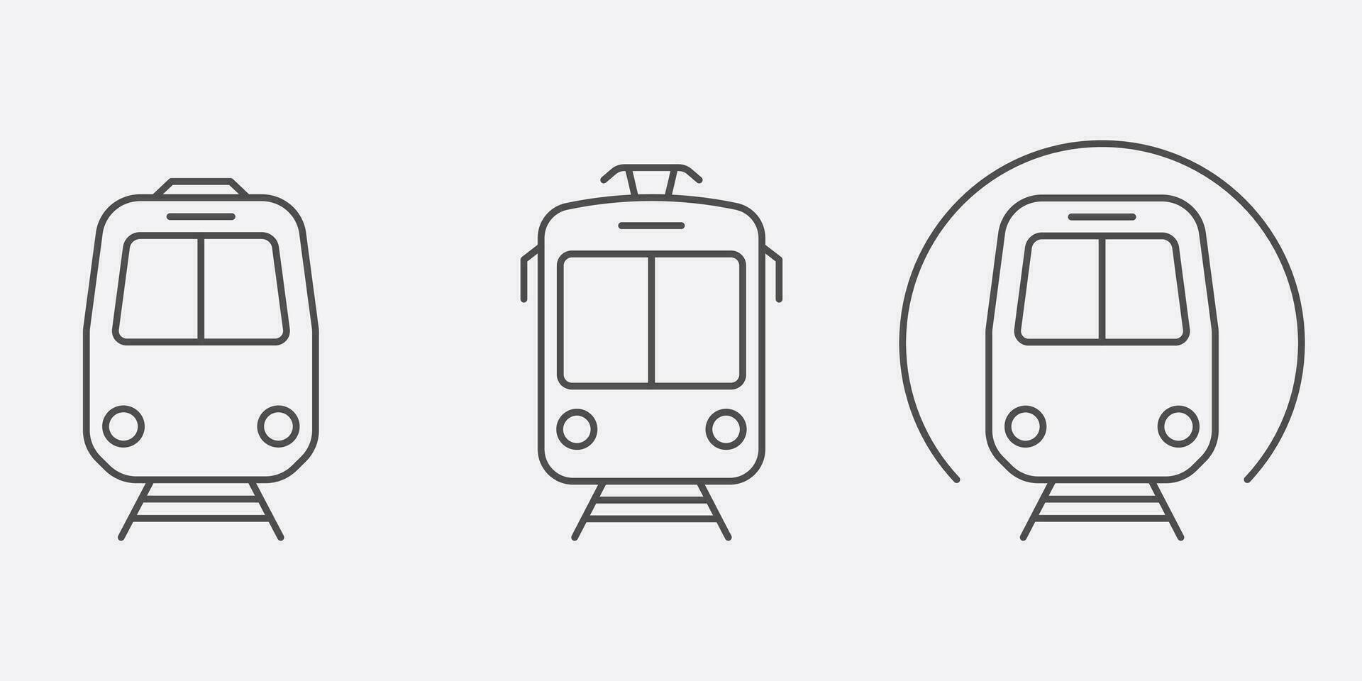 Train, Tram, Metro Station Line Icon Set. Railway Public Transportation Pictogram. Electric Tramway, Subway Outline Sign. Road Traffic Symbol Collection. Editable Stroke. Isolated Vector Illustration.