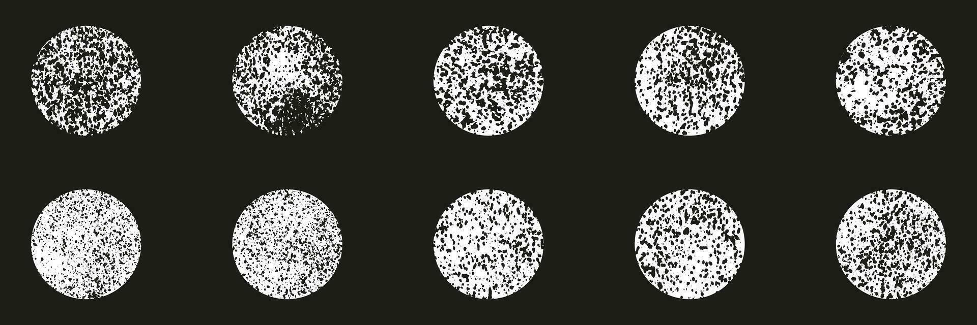 Sphere Grunge Spray Set. Dotted Grainy Collection. Abstract Circle Design Element. White Round Grain Texture, Noise Effect on Black Background. Isolated Vector Illustration.