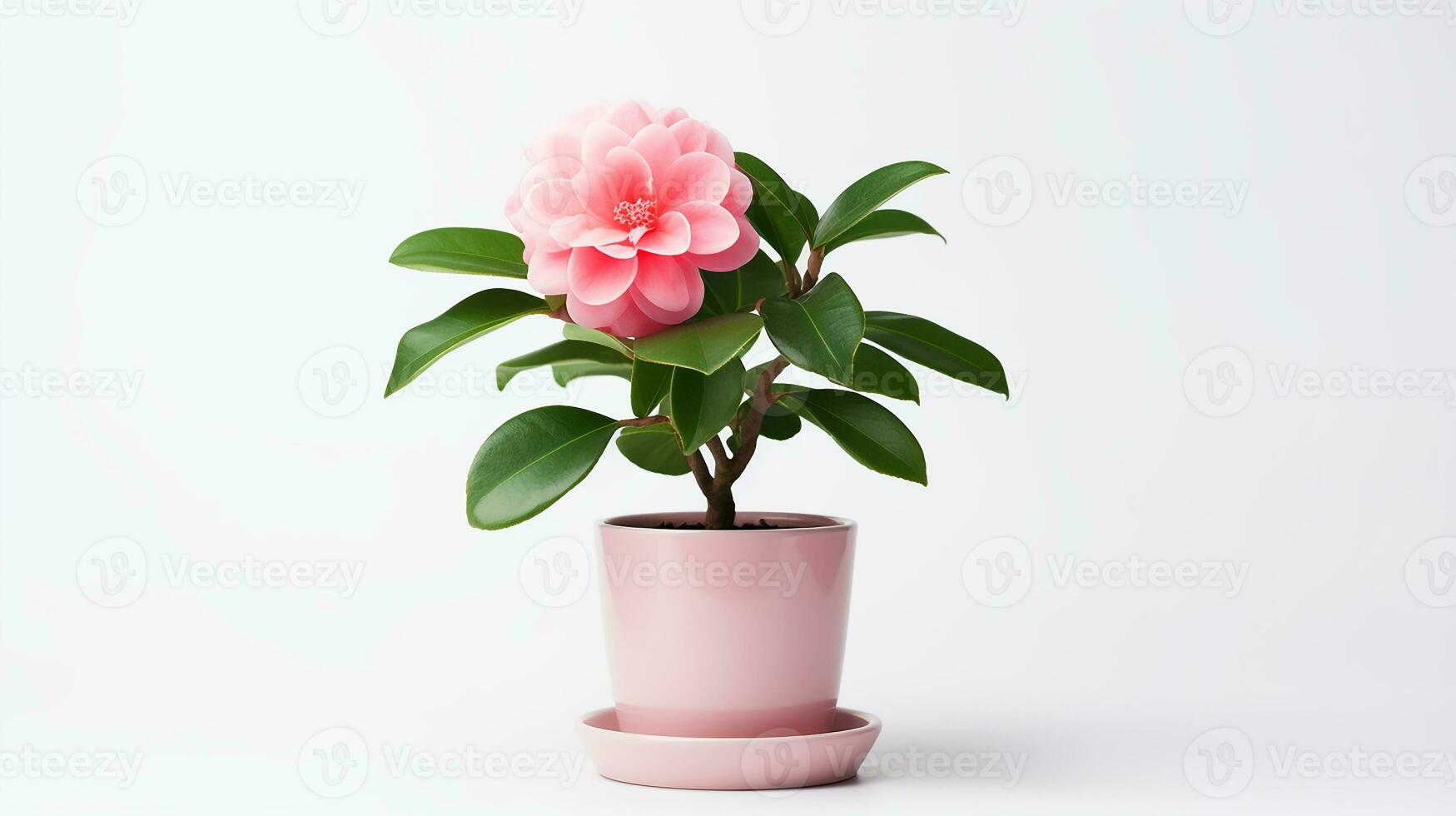 Photo of Camellia flower in pot isolated on white background. Generative AI