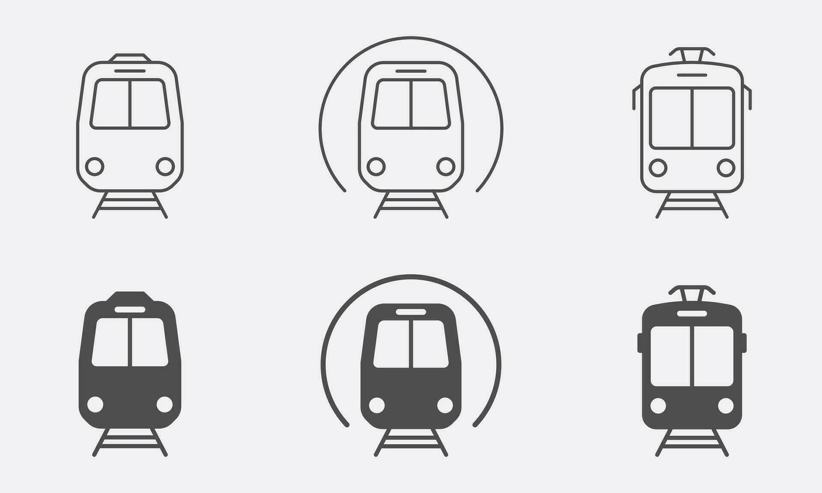 tren, tranvía, metro estación línea y silueta icono colocar. ferrocarril público transporte pictograma. subterraneo, eléctrico tranvía símbolo recopilación. la carretera tráfico signo. aislado vector ilustración.