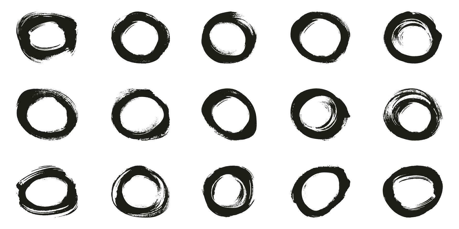 Round Shape Stroke Ink Frame, Grunge Paint Set. Abstract Black Circular Design. Dirty Circle Brush Symbol Collection. Stamp Graphic Element. Isolated Vector Illustration.