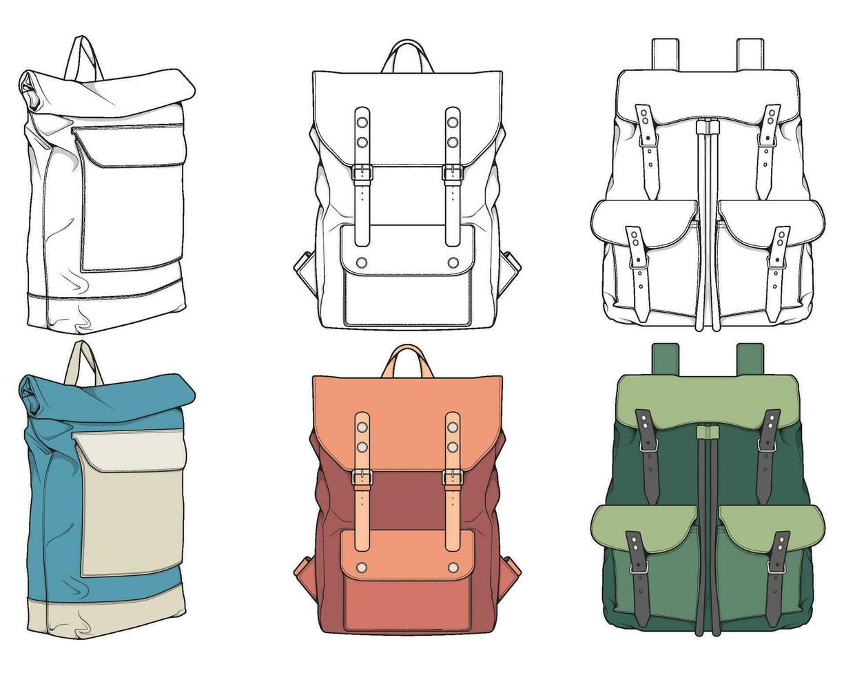 mano dibujado colorido vector conjunto de mochilas dibujos animados casual mochila, frio mochila colorido mochilas vector ilustración.