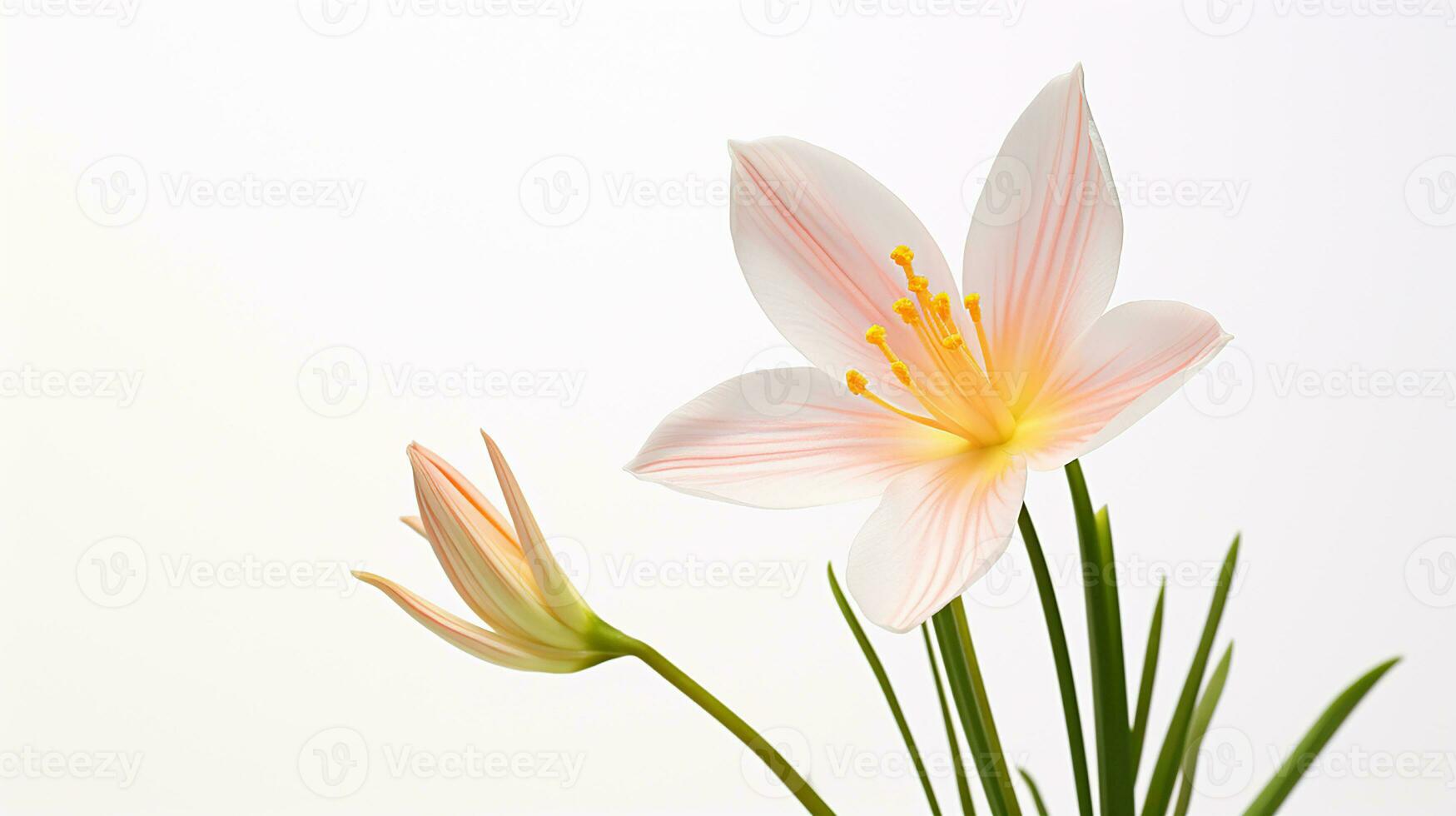 Photo of beautiful Zephyranthes flower isolated on white background. Generative AI