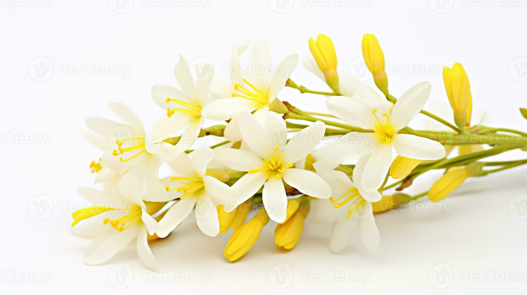 Photo of beautiful Winter Jasmine flower isolated on white background. Generative AI