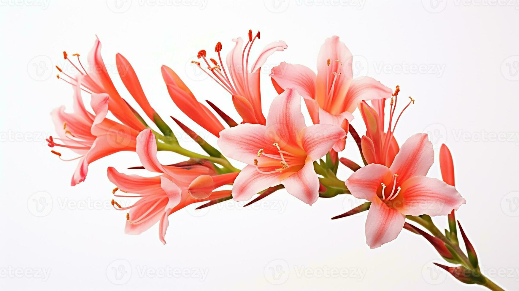 Photo of beautiful Watsonia flower isolated on white background. Generative AI