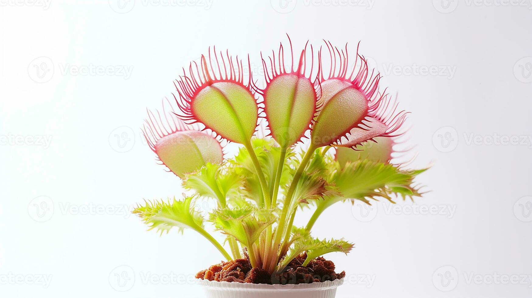 Photo of beautiful Venus Flytrap flower isolated on white background. Generative AI