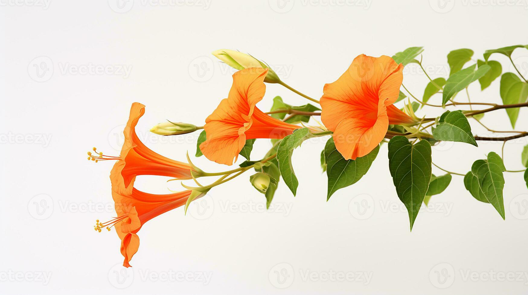 Photo of beautiful Trumpet Vine flower isolated on white background. Generative AI